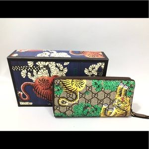 Auth GUCCI GG Supreme Bengal-Tiger Wallet Brown